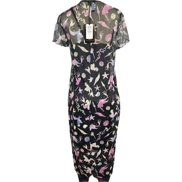 Disney L-0 Little Mermaid Graphic Mesh Sheer Lined Short Sleeve Midi Dress - Picture 2 of 6